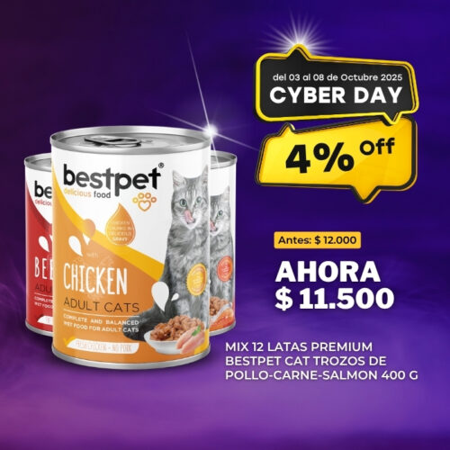 MIX 12 LATAS PREMIUM BESTPET CAT TROZOS DE POLLO-CARNE-SALMON 400 G