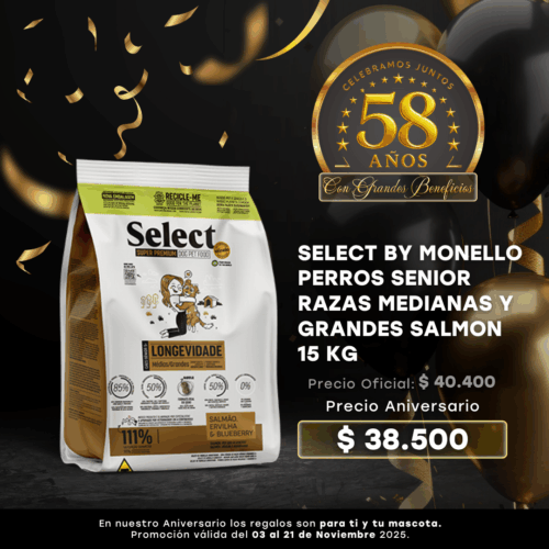 SELECT BY MONELLO PERROS SENIOR RAZAS MEDIANAS Y GRANDES SALMON 15 KG