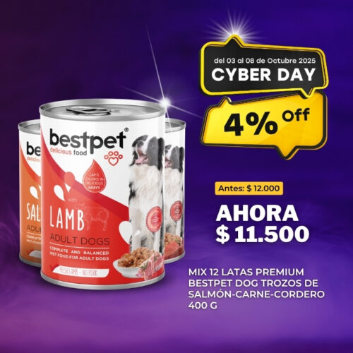 MIX 12 LATAS PREMIUM BESTPET DOG TROZOS DE SALMON-CARNE-CORDERO 400 G